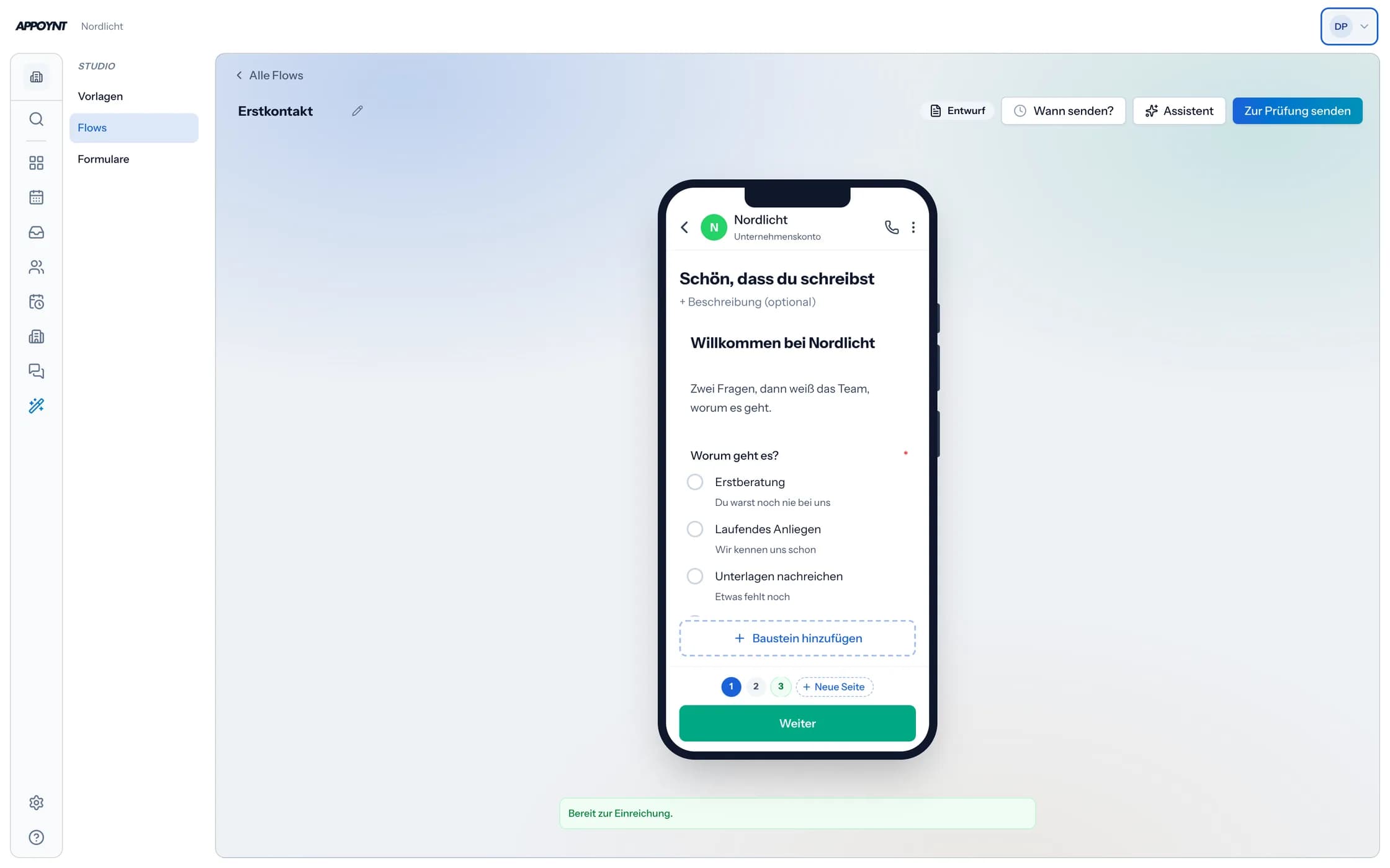 Der Flow-Editor von APPOYNT: links die Studio-Spalte mit Vorlagen, Flows und Formularen, in der Mitte die Vorschau eines WhatsApp-Formulars auf einem Telefon, in dem ein neuer Kunde sein Anliegen auswählt.